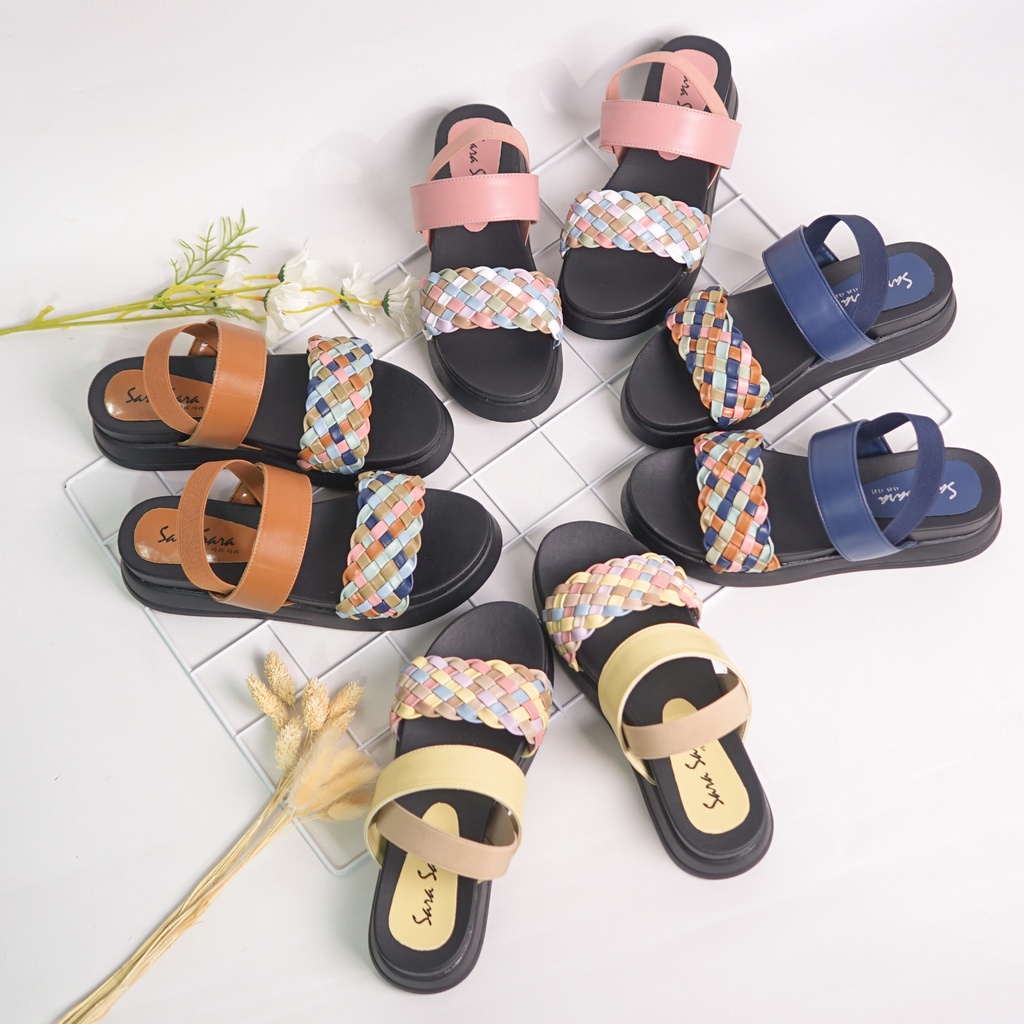 SARA SARA LOREE Sendal wedges Wanita Model Double Strap Sepatu Sandal cewek motif anyaman warna warni Kekinian