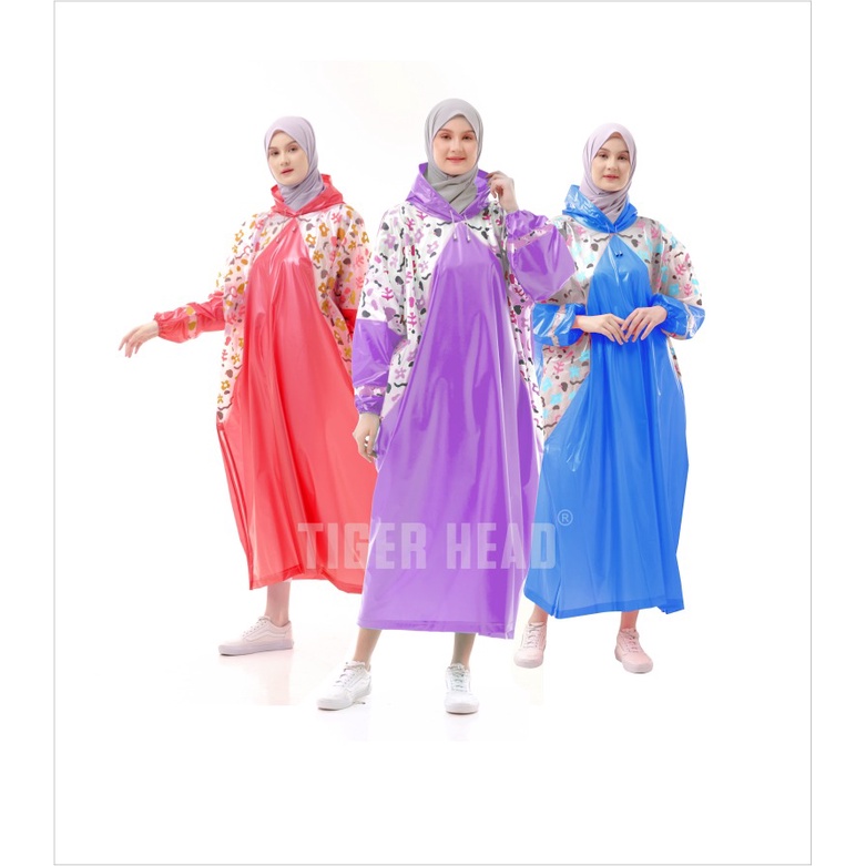 Jas Hujan Wanita Poncho Terusan Gamis Muslimah Hijabers Tiger Head