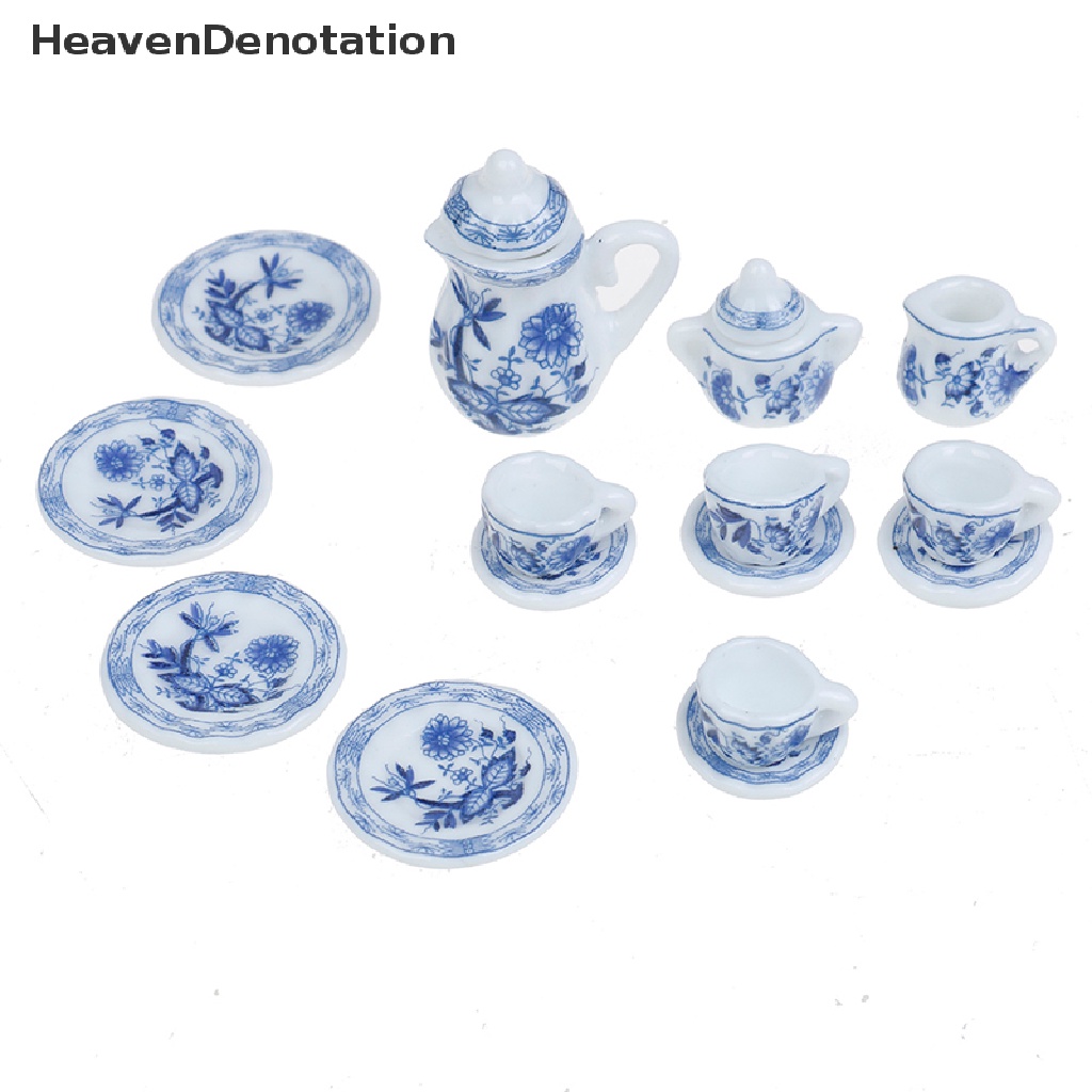 (Heavendenotation) 15pcs Miniatur Cangkir Teh / Kopi Porselen Motif Bunga Biru Skala 1: 12 Untuk Rumah Boneka