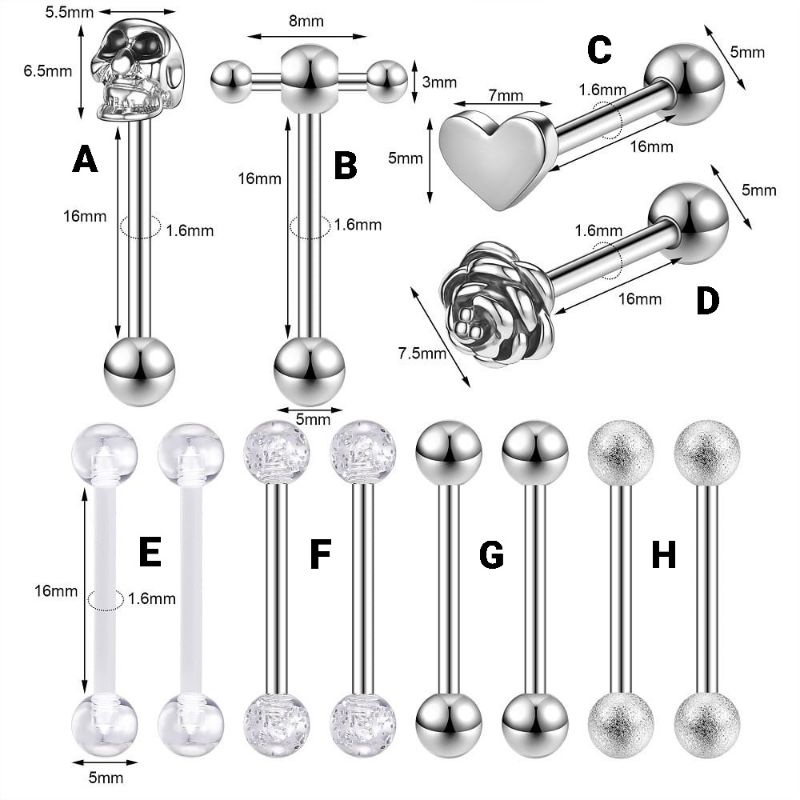 1PCS Anting Piercing Barbel Anting Lidah Stainless Steel Silver / Black