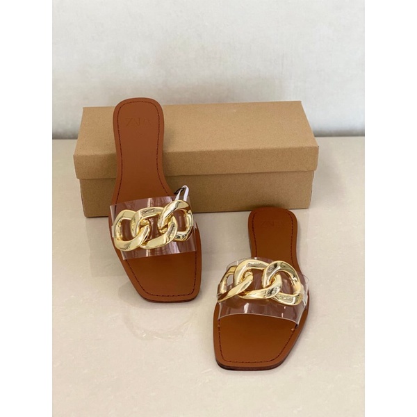 Sandal Flat Wanita Zara Gold Plaque Flat Side Sandal ZS508
