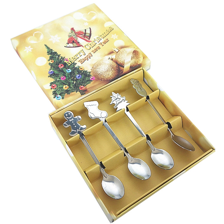 4pcs Sendok Kopi / Es Krim / Dessert Tema Natal Bahan Stainless Steel Untuk Anak-Anak