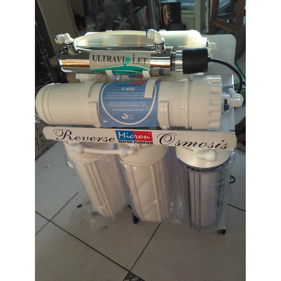 Mesin RO 400 gpd 8 STEP Reverse Osmosis + UV dengan Membran RO 400 gpd Karbon Pos Alkaline Bio dan U