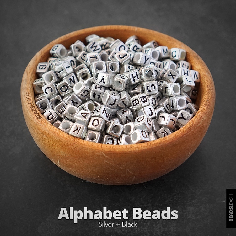Alphabet Beads - Silver Black / Manik Huruf / Identitas Hewan / Beadsleash