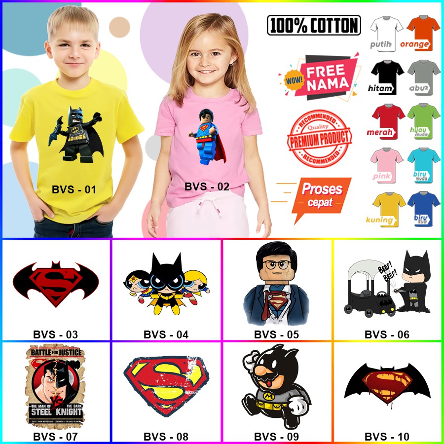 Baju Kaos ANAK DAN DEWASA BATMAN SUPERMAN WONDERWOMAN JOKER HARLEY COUPLE (FREE NAMA)