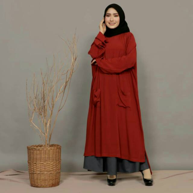 atasan panjang muslim merah bata hasna tunik
