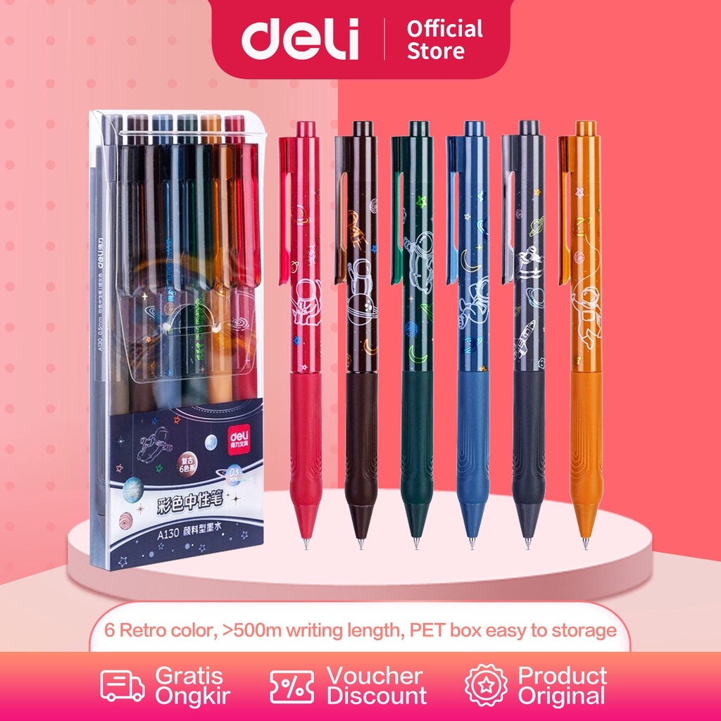 

Deli Colorful Gel Pen / Pulpen Gel Warna 0.5 mm 1 Set Isi 6 Warna Vintage Retro A130