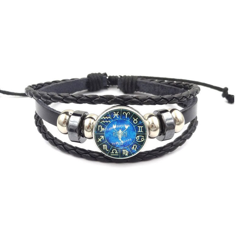 Gelang Kulit Kepang Dengan Kancing Desain 12 Zodiak Kanker Sagittarius Aquarius Libra Scorpio Gemini Gaya Punk Untuk Hadiah