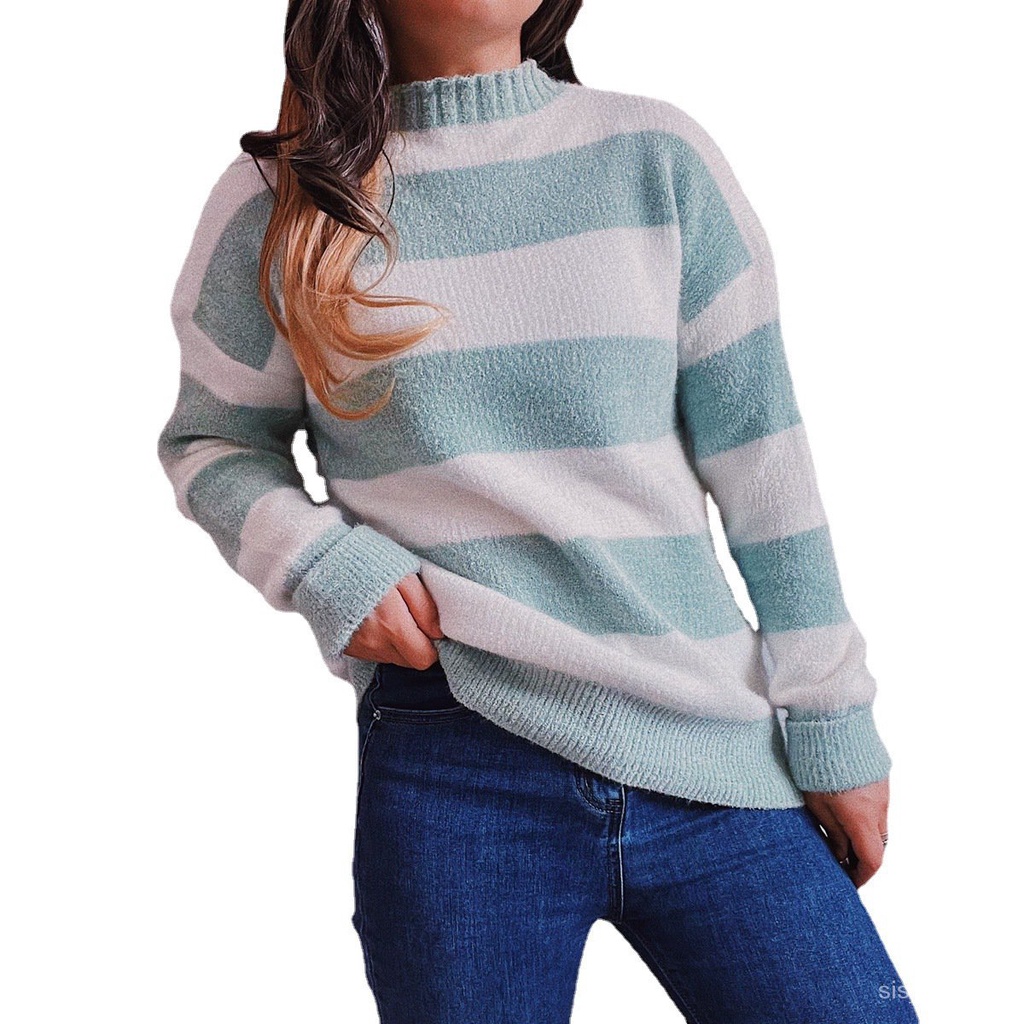 #Sisjuly# Wanita Kasual Tebal Bergaris Warna Permen Crew Neck Lengan Panjang Sweater Rajut Pullover