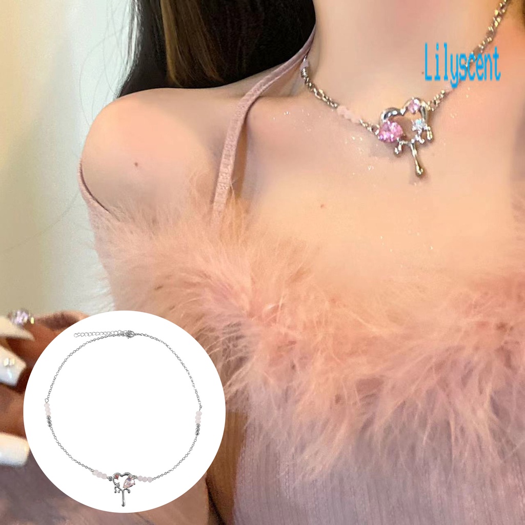 Kalung Choker Manik-Manik Bentuk Hati Bahan Cubic Zirconia Warna Pink Untuk Wanita