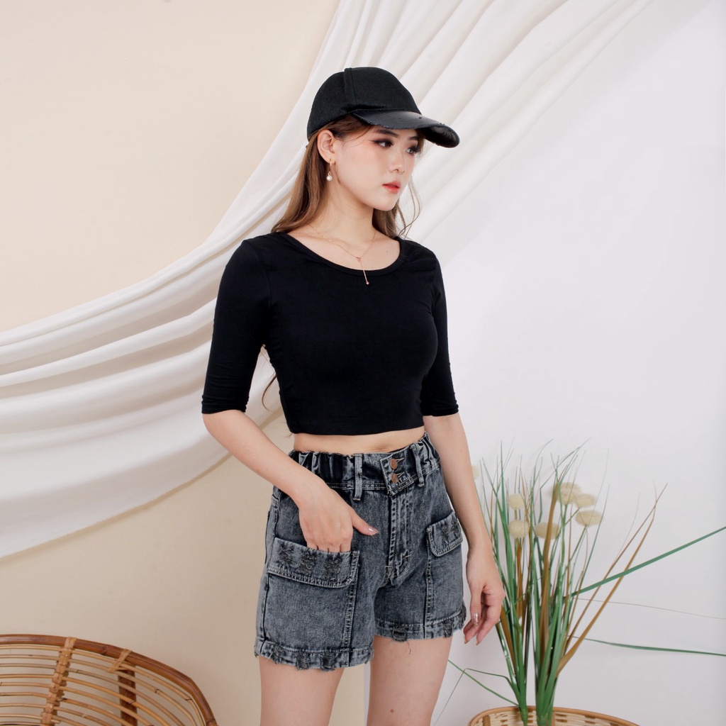 CAVALU Korean Sexy Crop Top Kaos Lengan 3/4 Baju Atasan Wanita 085