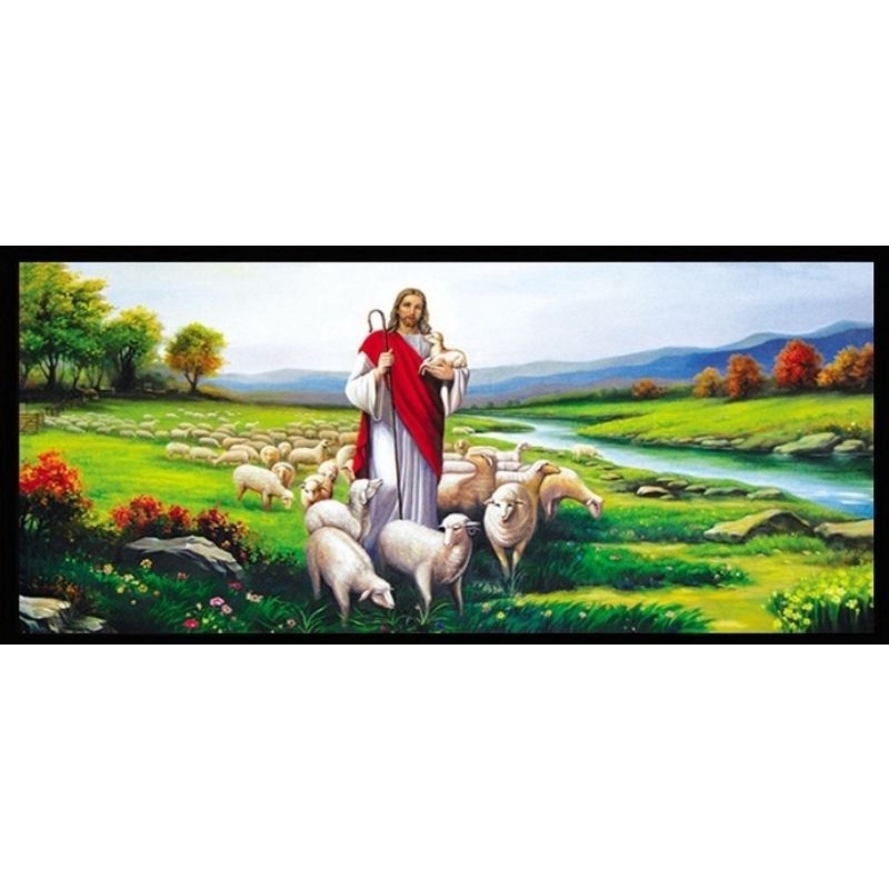 DIY paket kristik Yesus gembala domba pola kain Jesus the shepherd sulaman cross stitch kit dmc 14ct