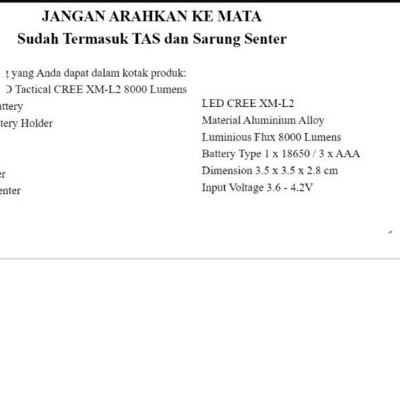 PROMO Senter LED Tactical Cree XM-L2 8000Lumens Fullset / Paket Komplit Senter XM-L2