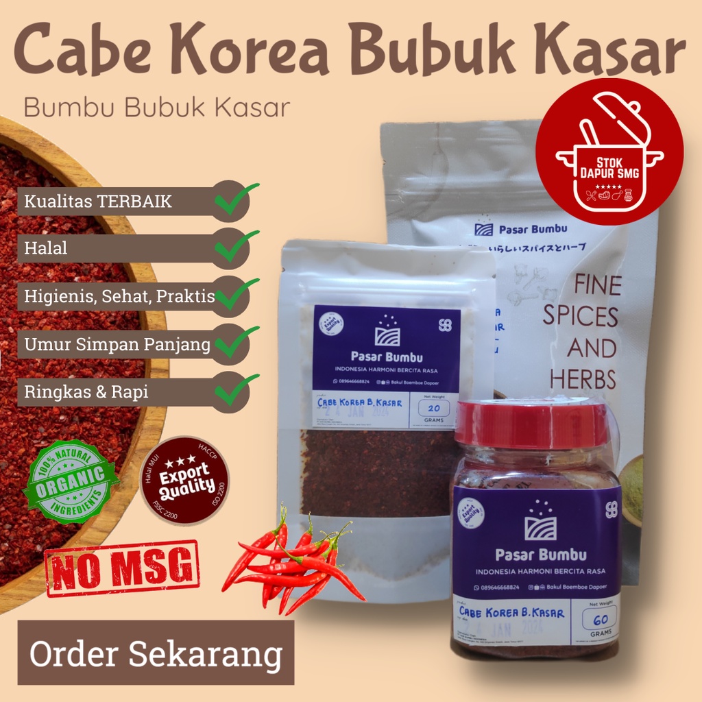 

Pasar Bumbu Cabai Cabe Korea Bubuk Kasar / Gochugaru Flakes Halal Pouch Refill 20gr 50gr 100gr Botol 60gr