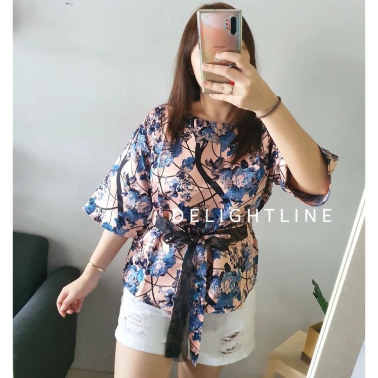 RIBBON BOW TIED TOP BLOUSE WANITA BLACKOUT DELIGHTLINE - MOTIF SAKURA FLOWER - LENGAN PANJANG 7/8-SAKURA PINK FULLBLUE