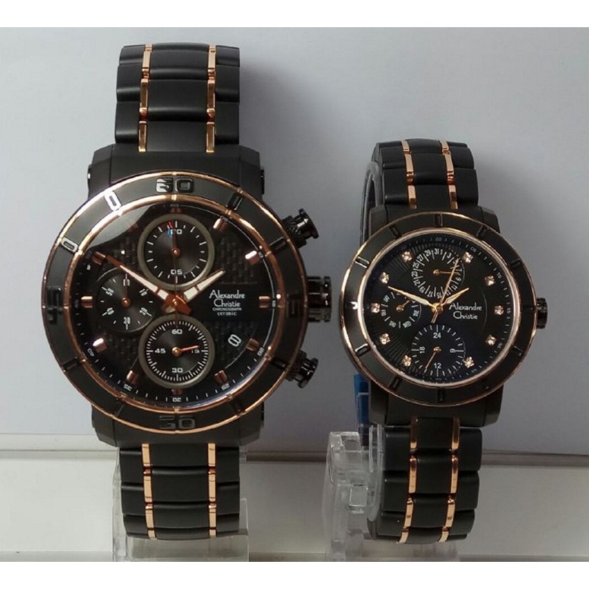 Jam Tangan Couple Alexandre Christie AC 6292 MC Ceramic Black Gold Original