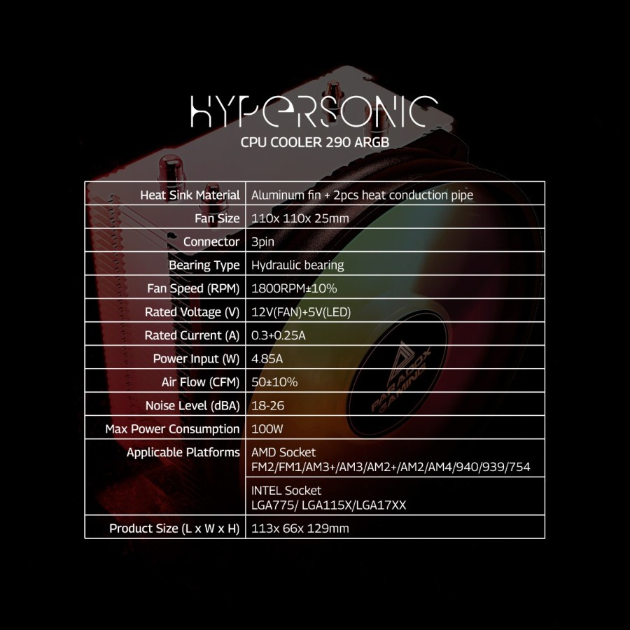 PARADOX SC GAMING HYPERSONIC CPU COOLER CL-290-RGB CPU COOLER