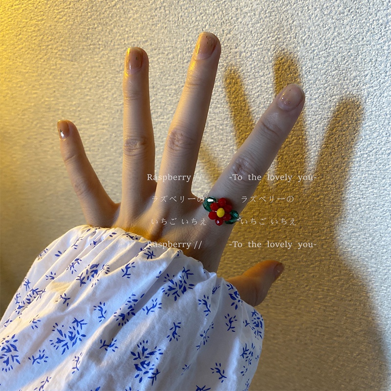 Cincin Manik-Manik Kristal Bentuk Bunga Handmade Gaya Vintage Korea