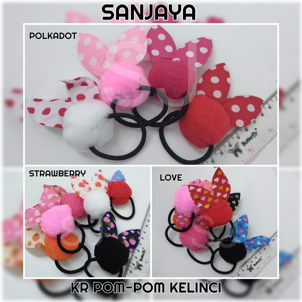 GELANG IKAT RAMBUT / IKAT RAMBUT WANITA LUCU / KUNCIRAN WARNA WARNI / KUNCIR RAMBUT TELINGA KELINCI / KR POM-POM KELINCI