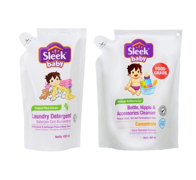 Sleek Baby Bottle Nipple & Accessories Cleanser Pouch 450ml + Laundry Detergent Pouch 450ml