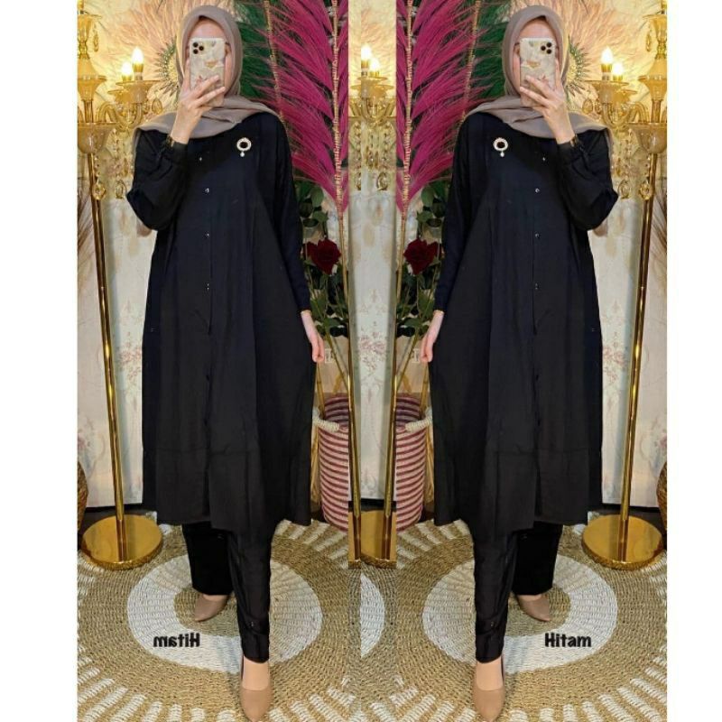 SETELAN TUNIK RAYON POLOS KANCING DEPAN STELAN MUSLIMAH LD 110