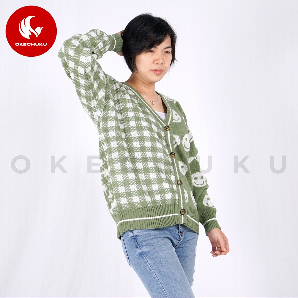 Okechuku CARDIGAN RAJUT SMILE Kardigan Rajut Oversize Motif Smile Cardigan Rajut Pria Wanita