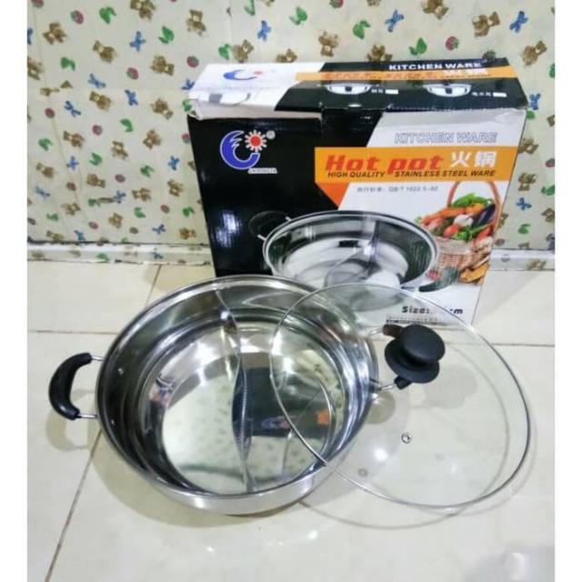 Panci Shabu Shabu 30cm / panci sekat tutup kaca / panci sekat 2 stainless / Suki pan 30cm stainless