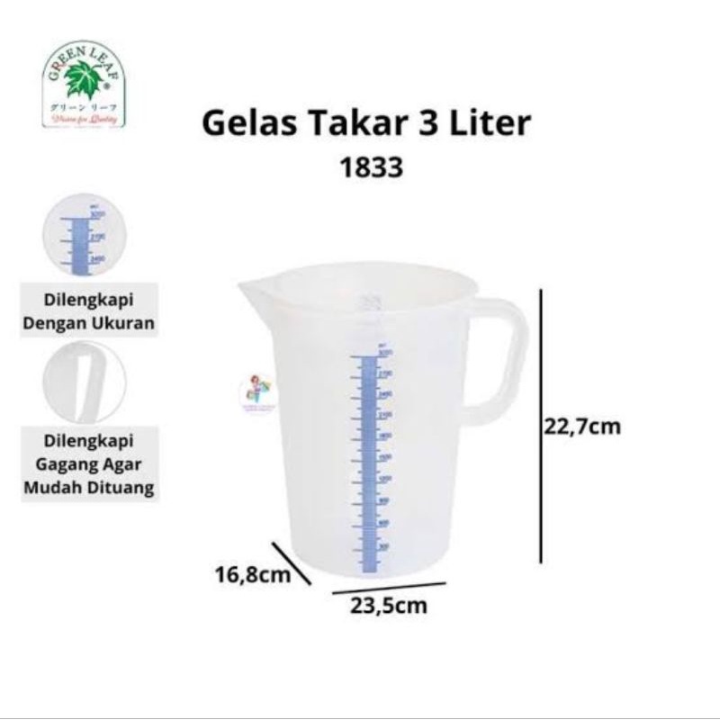 GREEN LEAF 1833 GELAS TAKARAN 3 LITER TULISAN TIMBUL