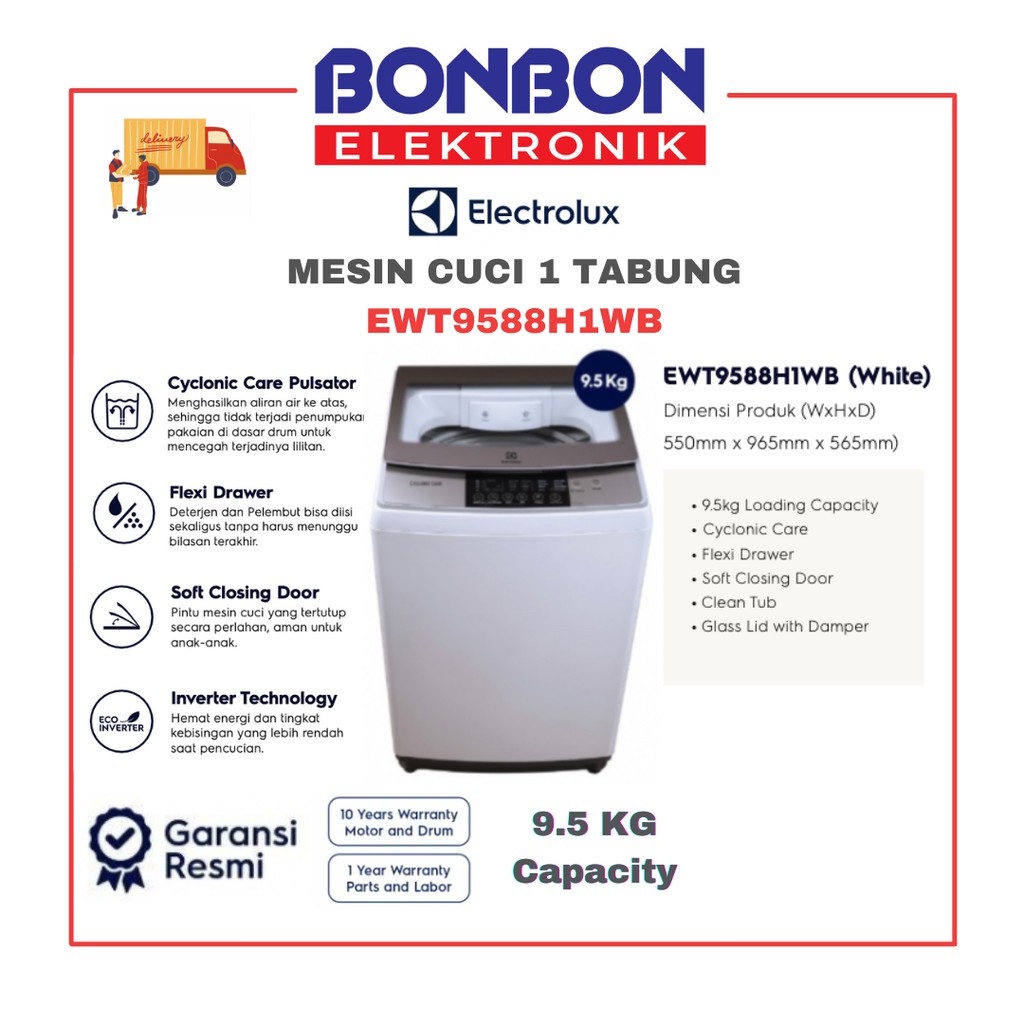 Electrolux Mesin Cuci Top Loading 9.5KG EWT9588H1WB / EWT 9588H1WB