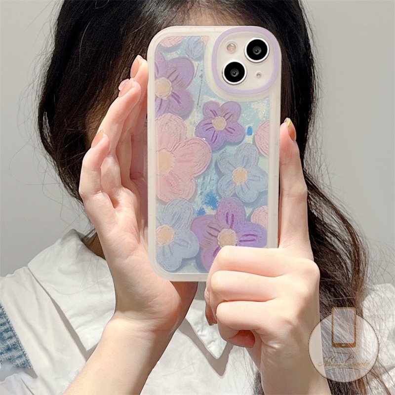 IPHONE Ins Fashion Retro Bunga Ungu Casing Ponsel Kompatibel Untuk Iphone11 7 8 Plus 12 13 11 14 Pro Max X XR XS Max 6 6s SE 2020 Plus Perlindungan Lensa Oval Soft TPU Cover