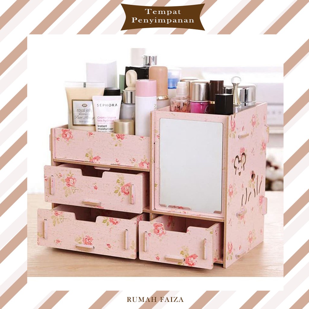 Laci Kosmetik Kayu 3 Susun + Cermin (Rak Kosmetik Kayu Mini) Rak Makeup Murah Surabaya