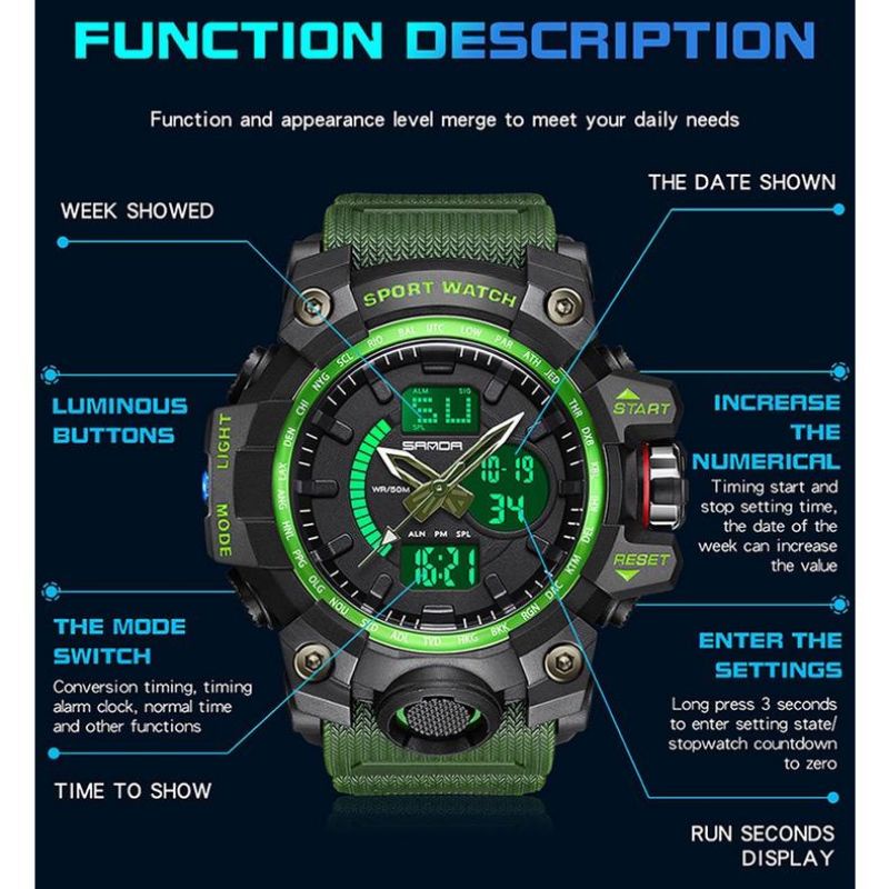 ￼SANDA 3132 Jam Tangan Pria Digital Analog Tali Rubber Chronograph Anti Air WATCHKITE WKOS