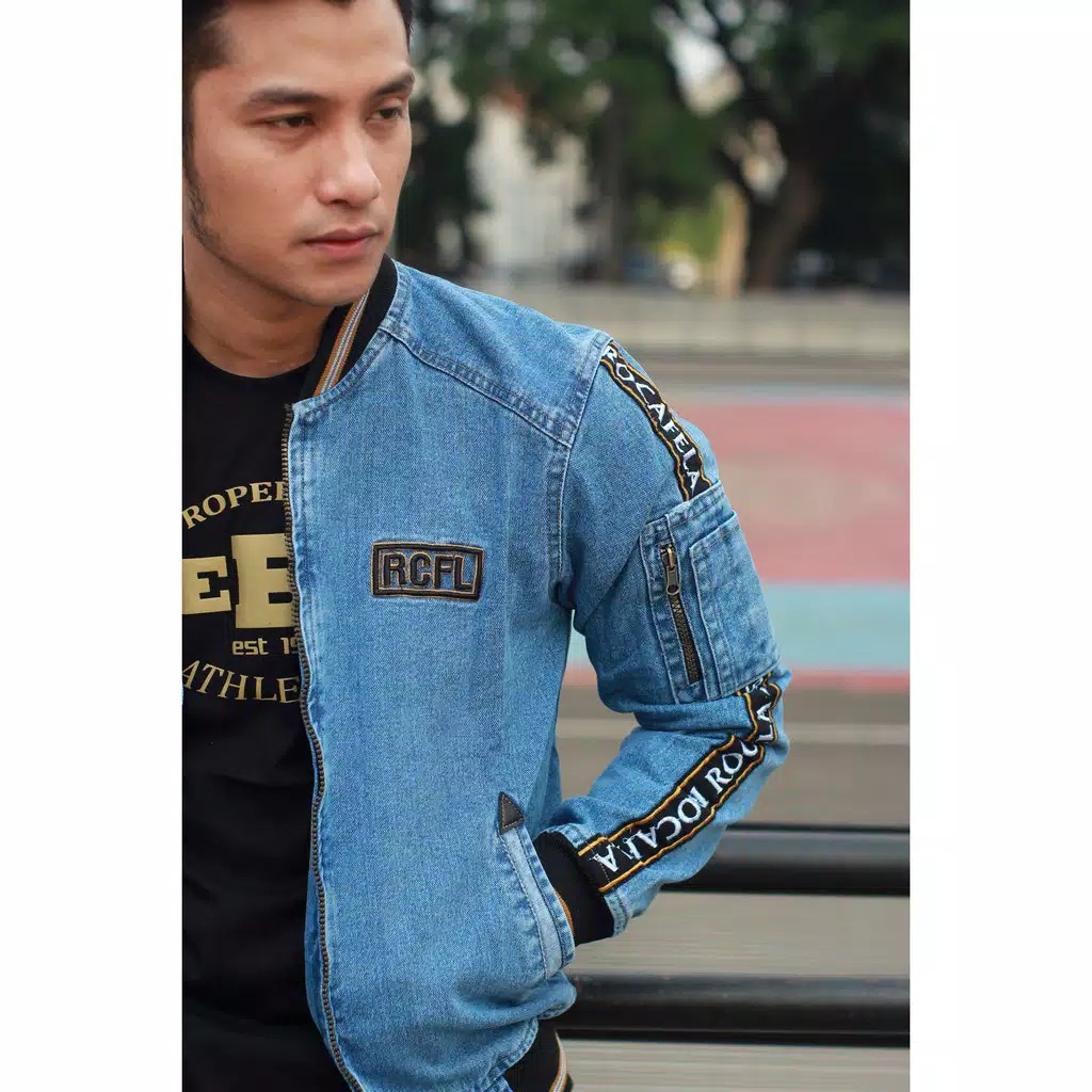 [SIAP KIRIM] JAKET JEANS PRIA BOMBER JEANS TAPING 2 ROCAFELA DENIM COWOK ORIGINAL RCFL SENWASH