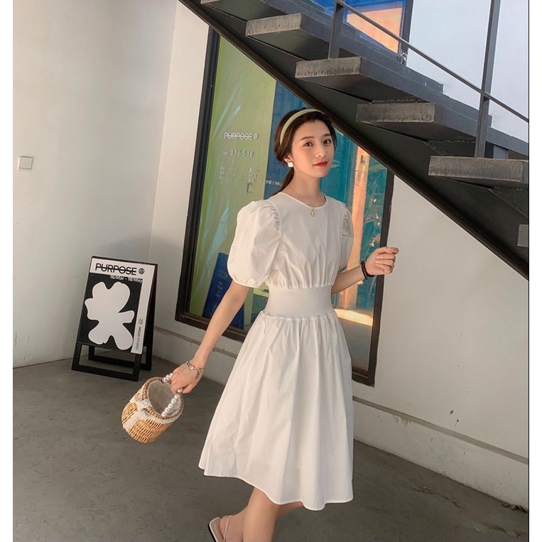 Cexila Puffy Midi Dress / White Dress / Midi Dress / Dress Wanita Polos / Dress Putih Polos