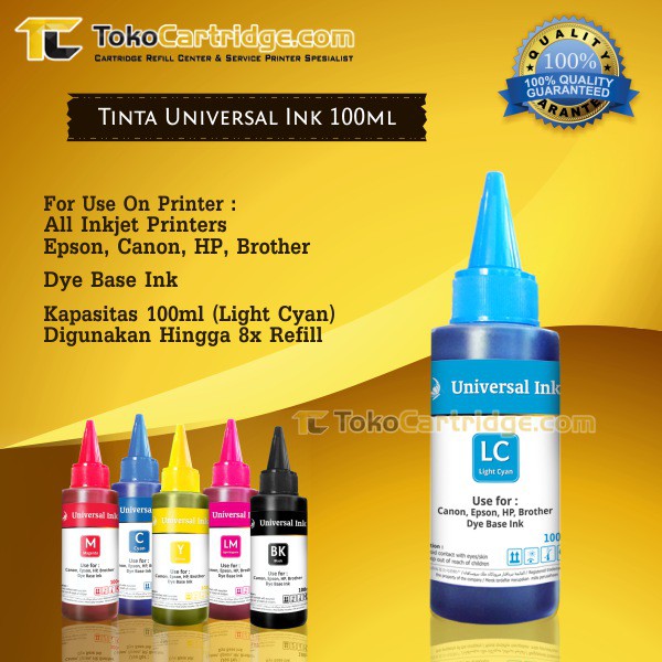 Tinta Universal Ink Light Cyan 100ml, Tinta Dye Base Tutup Model Kerucut