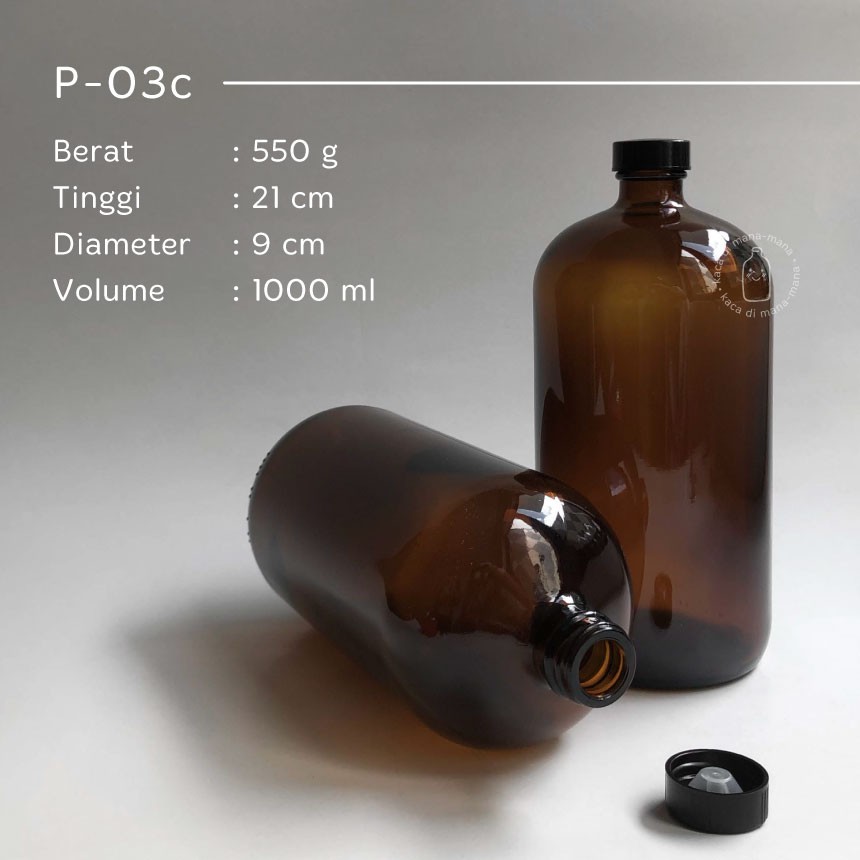 Botol kaca 1000ml - botol juice kopi - Boston Round - CLEAR & AMBER