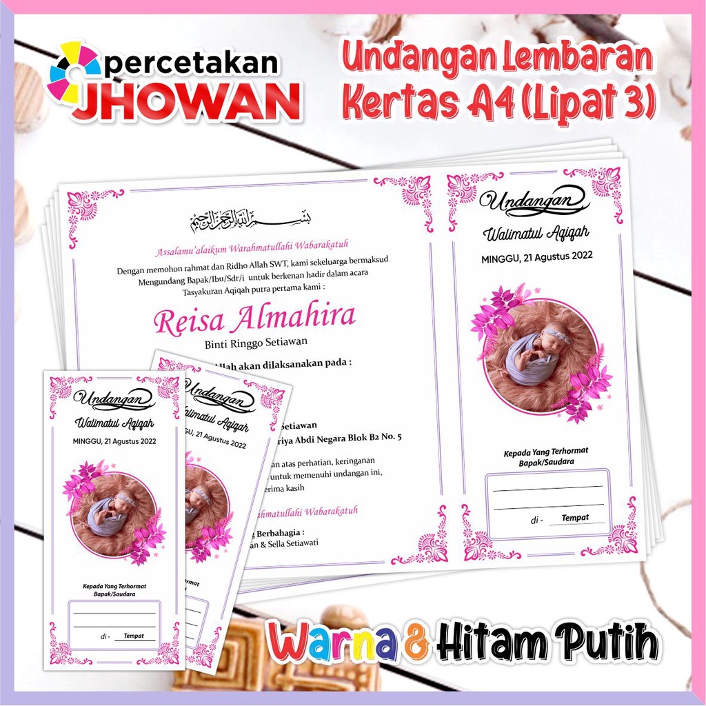 Jual Undangan Lembaran / Undangan Walimatul Aqiqah / Undangan Walimatun