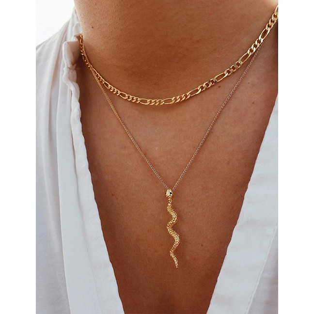 LRC Kalung Fashion Gold Color Alloy Double Layer Snake P82898