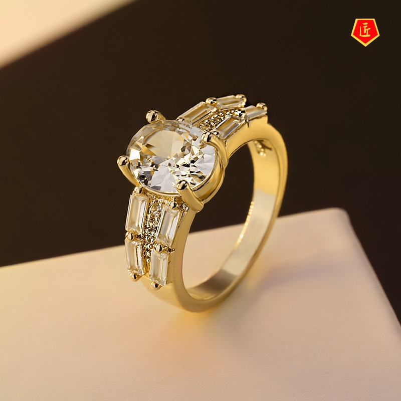 [Ready Stock]Fashion Personality 14K Gold Oval Diamond Square Ring