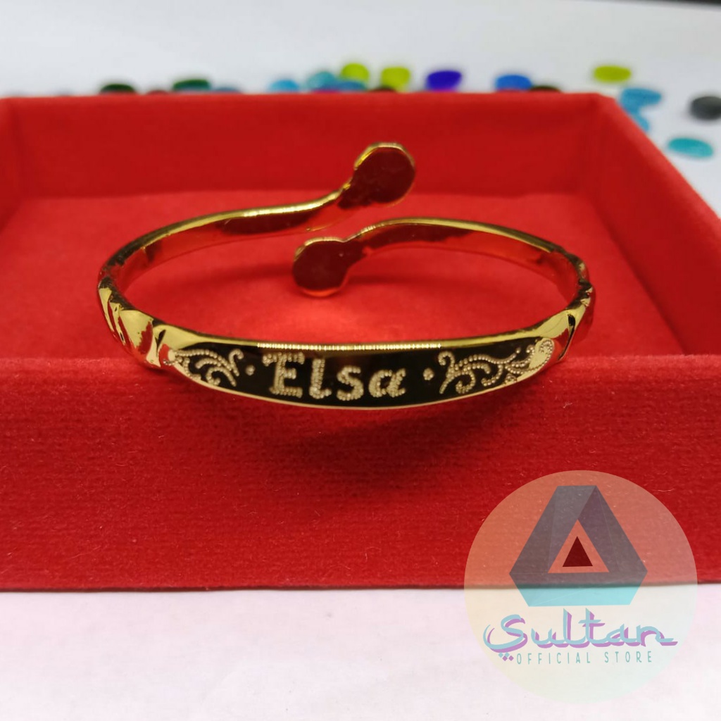 Gelang anak gelang  bayi logam kuningan ukir nama motif bunga lapis emas 24k