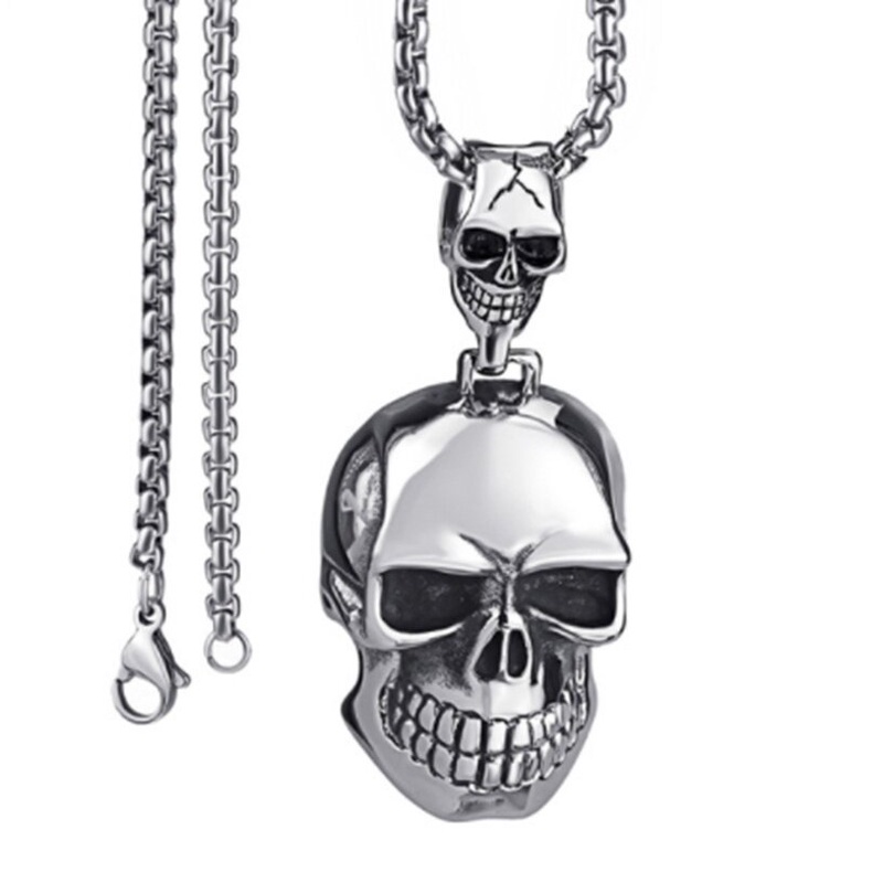 Kalung Liontin Tengkorak Ganda Bahan Stainless Steel Gaya Gothic Punk Rock