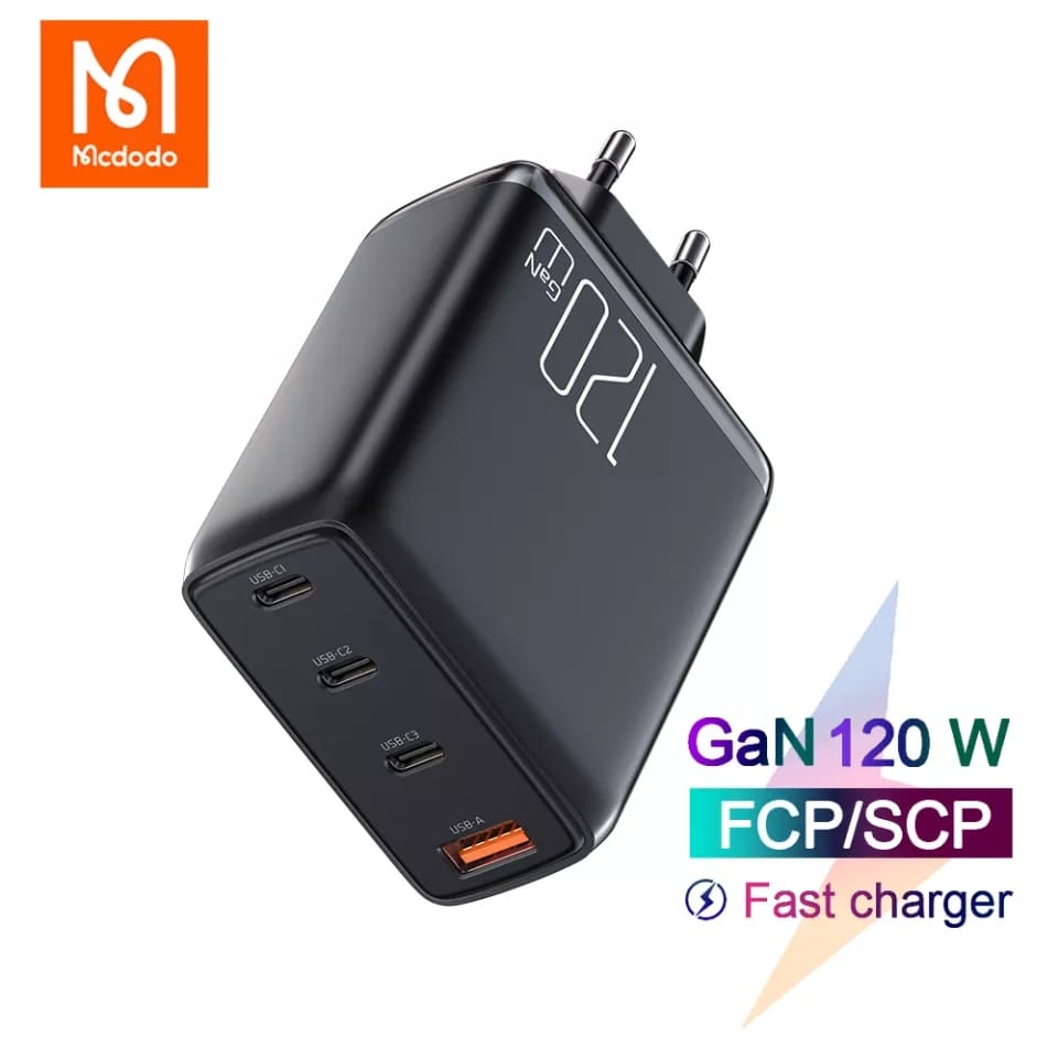 Mcdodo Adaptor GaN 120W Charger Laptop MacBook 4 Port PD Fast Charger 3 Port USB type C &amp; single USB A Port