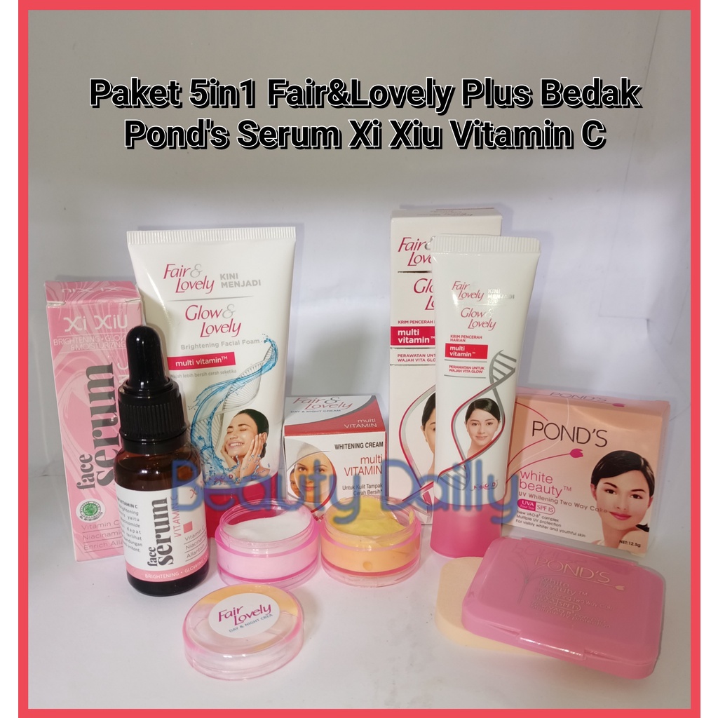 PROMO PAKET GLOWING 5 IN 1 Fair & Lovely - Facial Foam 50g + Day & Night Cream Fair & Lovely + Pelem
