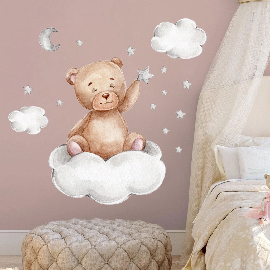 [ Creative Cartoon bear moon clouds stars wall stickers decoration for Home Living Room Children's Room Background ]