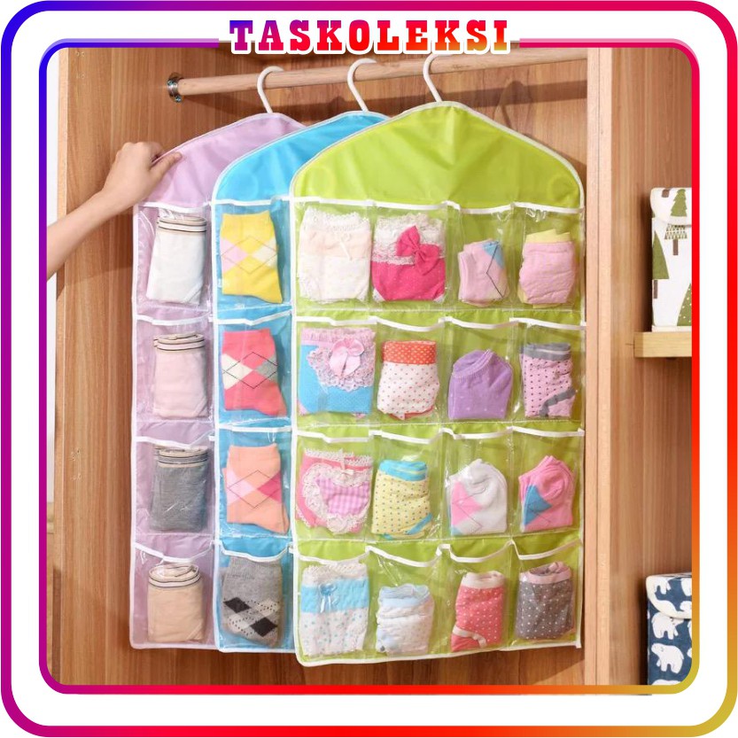 ☛TK☚ R053 Pouch Hanging Organizer 16 Sekat Korean Set Tempat Rak Bag Celana Dalam Gantung Jilbab CD