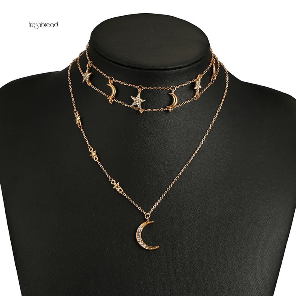 [Fresh] Kalung Choker Banyak Lapis Aksen Bintang / Bulan / Berlian Imitasi Bahan Alloy untuk Wanita