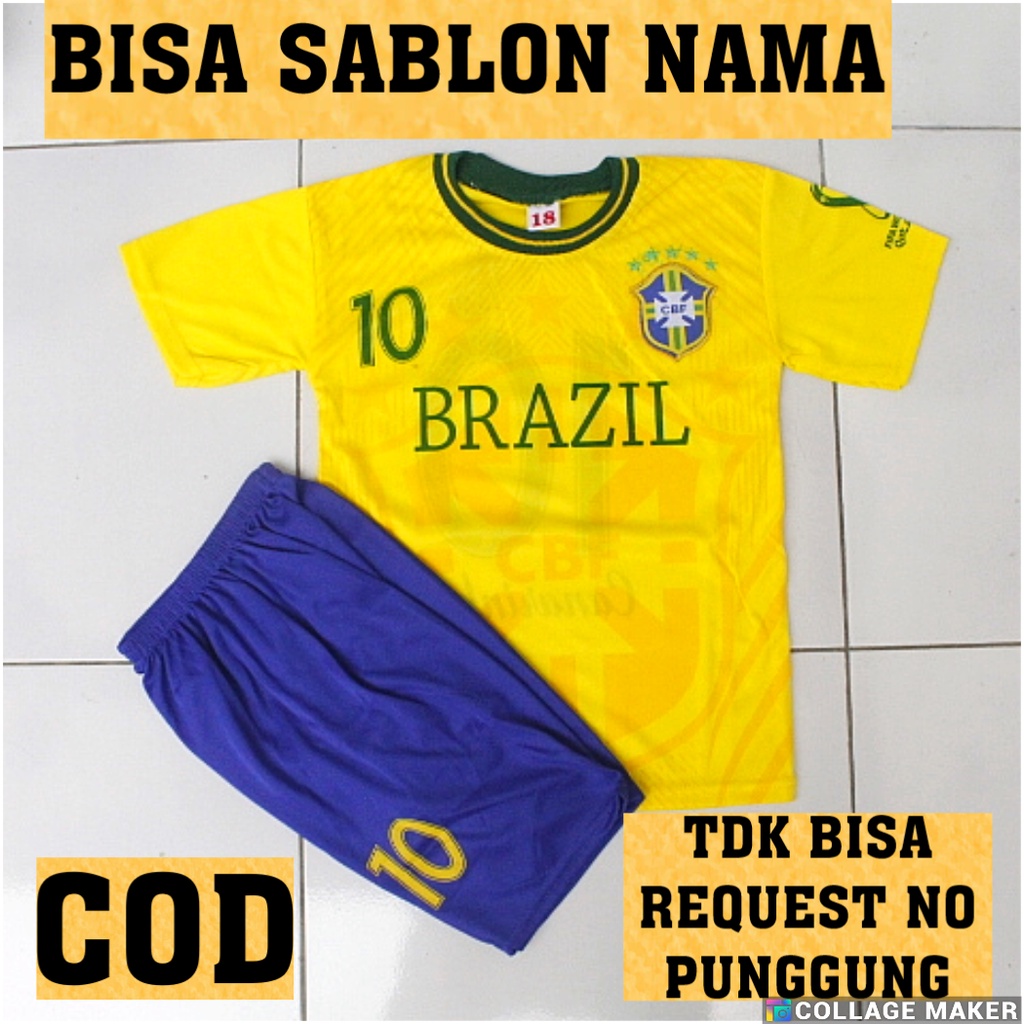 setelan bola anak brazil/setelan baju brazil usia 5-12thn bisa sablon nama