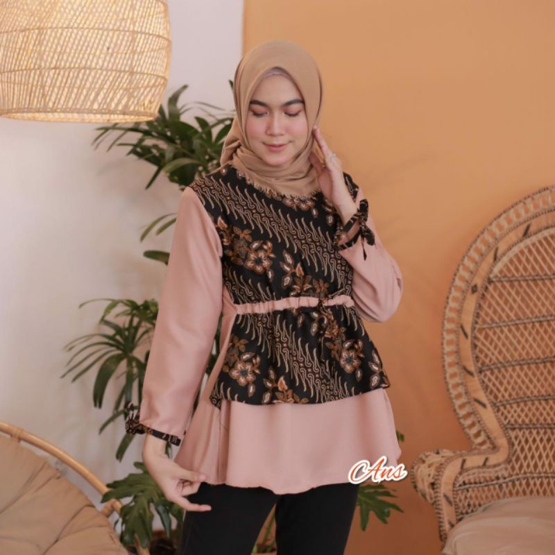 tey-17 Batik wanita ASJ SA HRB026 Kenongo Kemeja Tosca Pendek-Seno jarum mocca