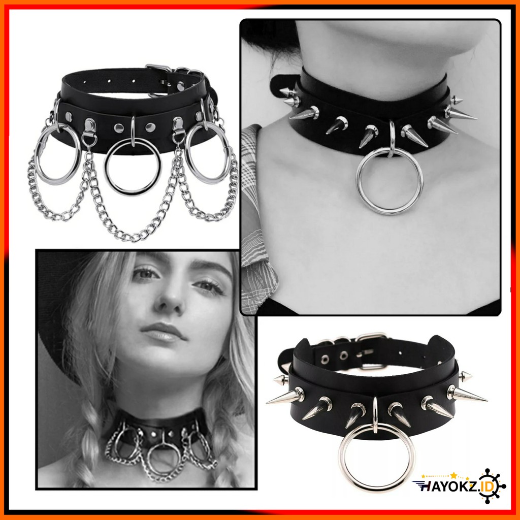 Kalung Spike Punk Metal gothic Rings Kulit Duri Rantai Necklace Leather Gesper Rocker Doggy Anjing