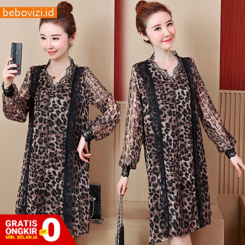 Dress Jumbo Sifon Leopard Wanita Lengan Panjang Casual Longgar